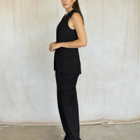 Recycled Tropical Wool Vest with Blousant Back - Black