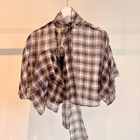 Silk Cotton Plaid Cape Tie Top - Black / Red multi