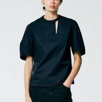 Eco Poplin Sculpted Sleeve Top with Cut Out - Navy