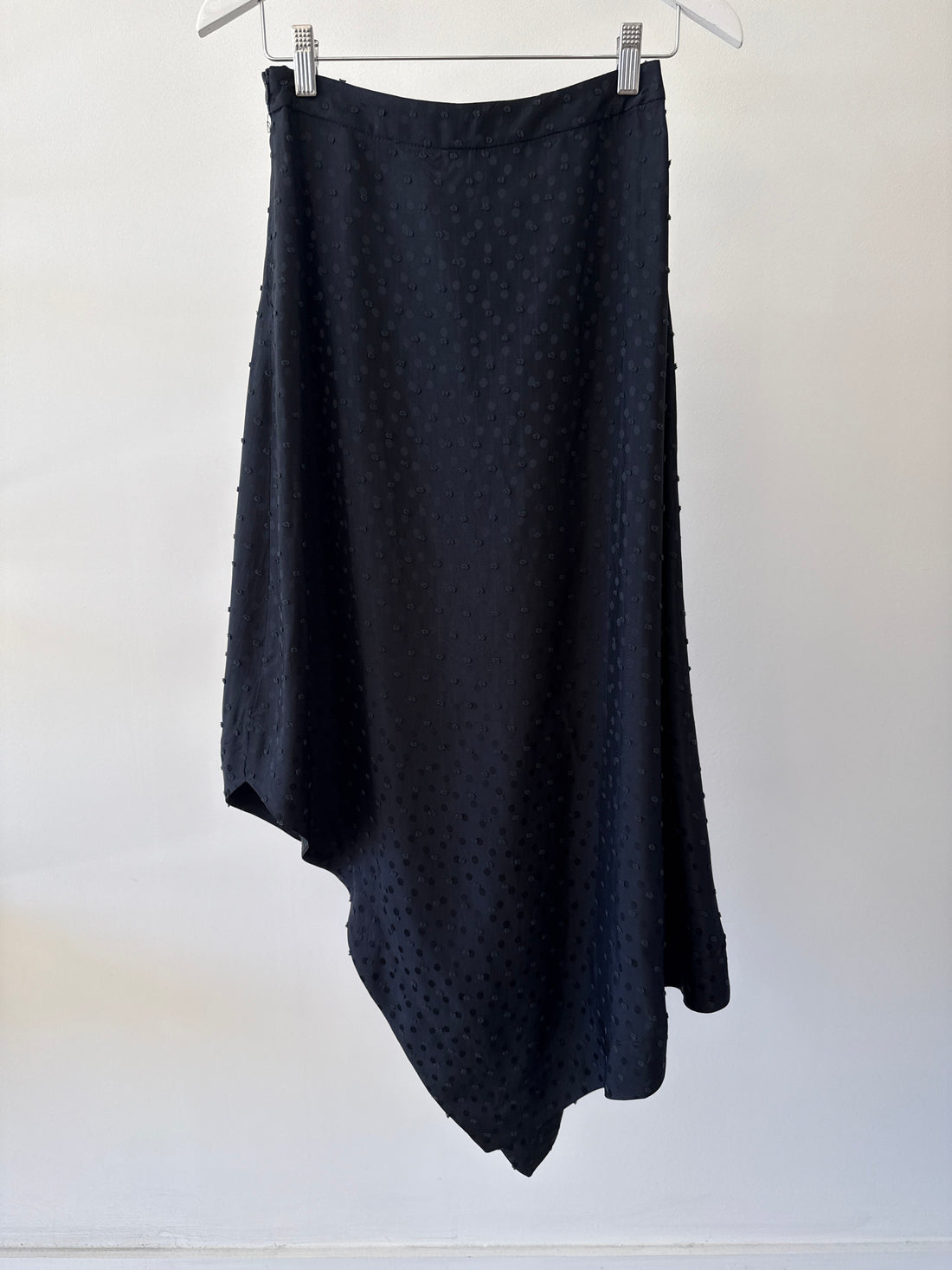 A-Line Asymmetric Skirt - Black Polka Dot Satin