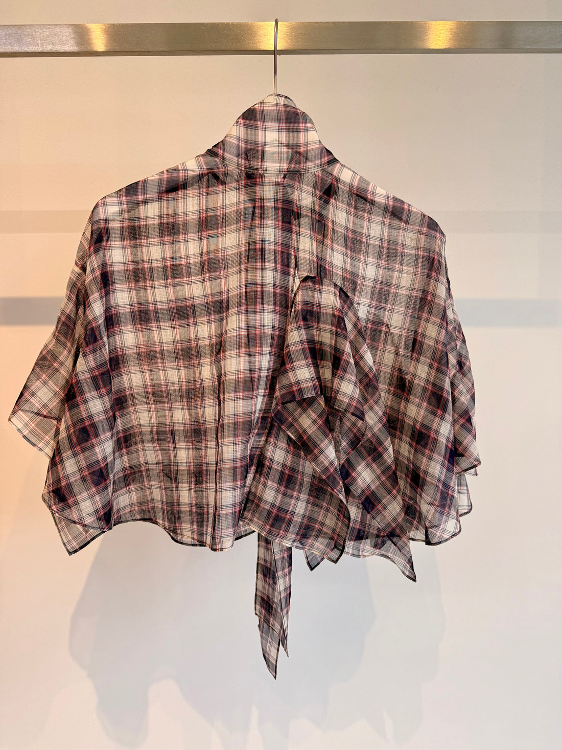 Silk Cotton Plaid Cape Tie Top - Black / Red multi