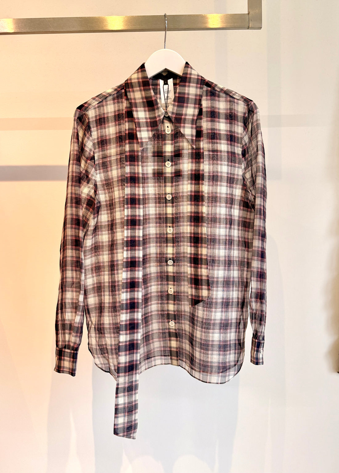 Silk Cotton Plaid Blouse with Removable Tie Top