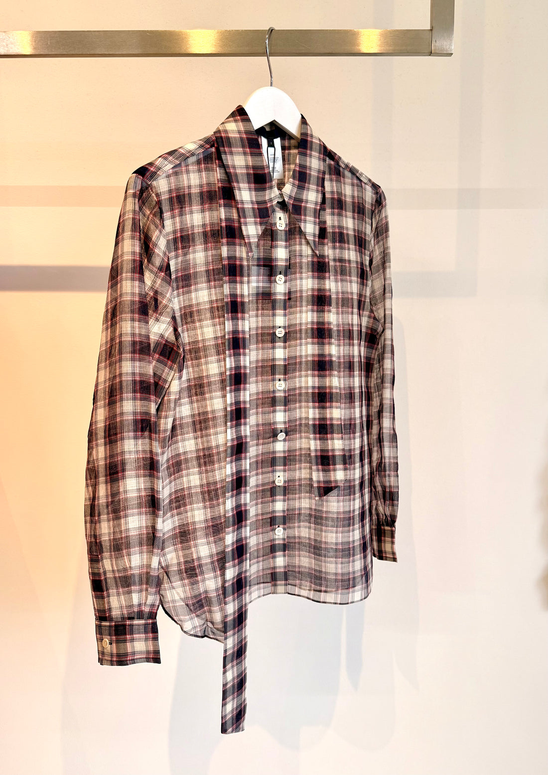 Silk Cotton Plaid Blouse with Removable Tie Top