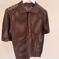 Crochet Netting Slim Polo - Brown