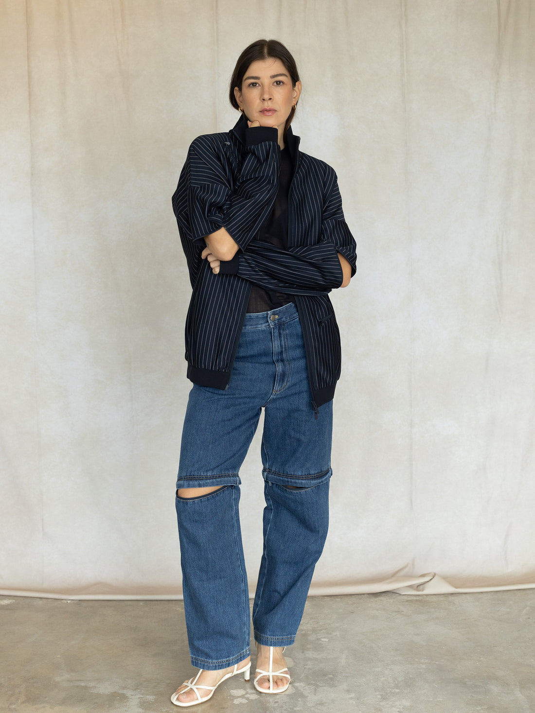 Pinstripe Active Knit Zipper Detailed Track Jacket - Navy