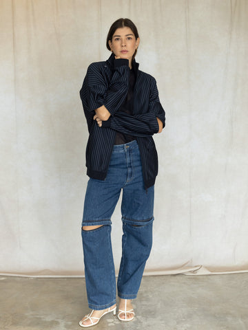 Pinstripe Active Knit Zipper Detailed Track Jacket - Navy