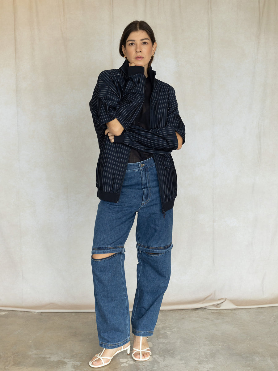 Pinstripe Active Knit Zipper Detailed Track Jacket - Navy