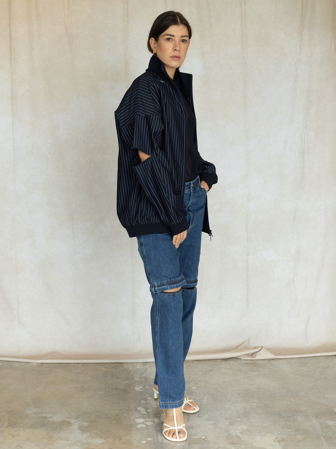 Pinstripe Active Knit Zipper Detailed Track Jacket - Navy