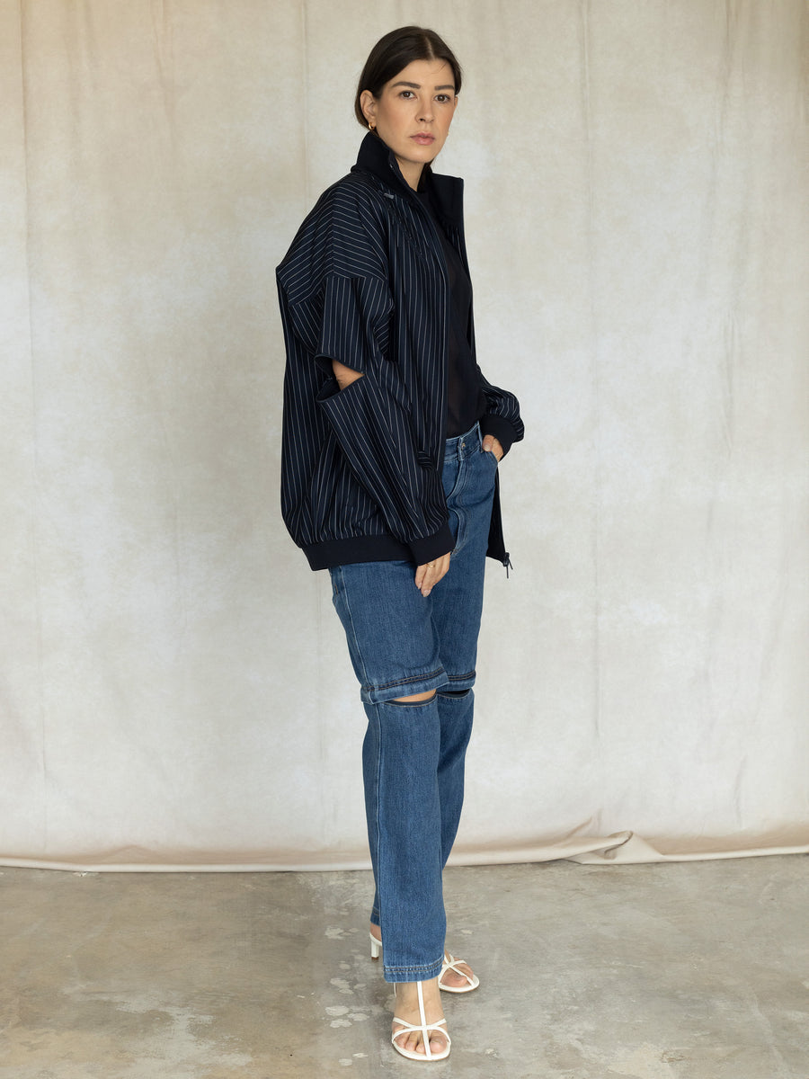 Pinstripe Active Knit Zipper Detailed Track Jacket - Navy