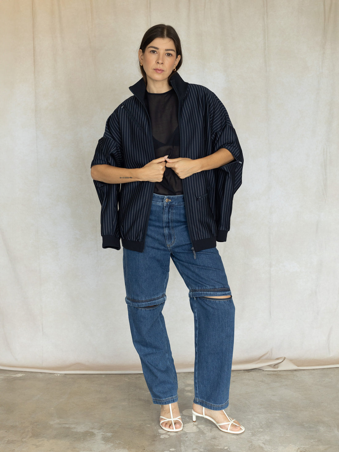 Pinstripe Active Knit Zipper Detailed Track Jacket - Navy