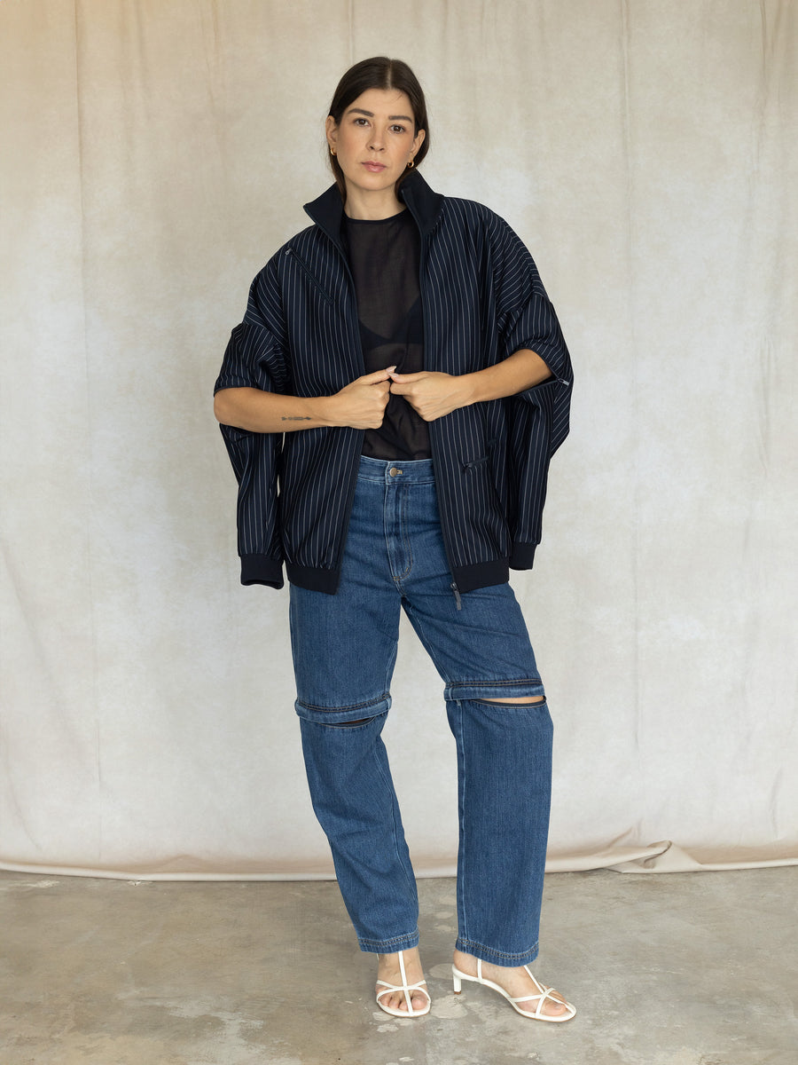 Pinstripe Active Knit Zipper Detailed Track Jacket - Navy