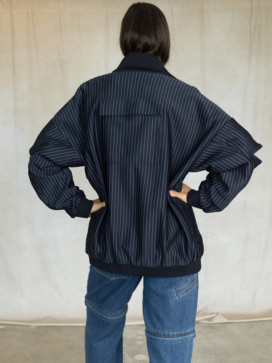 Pinstripe Active Knit Zipper Detailed Track Jacket - Navy