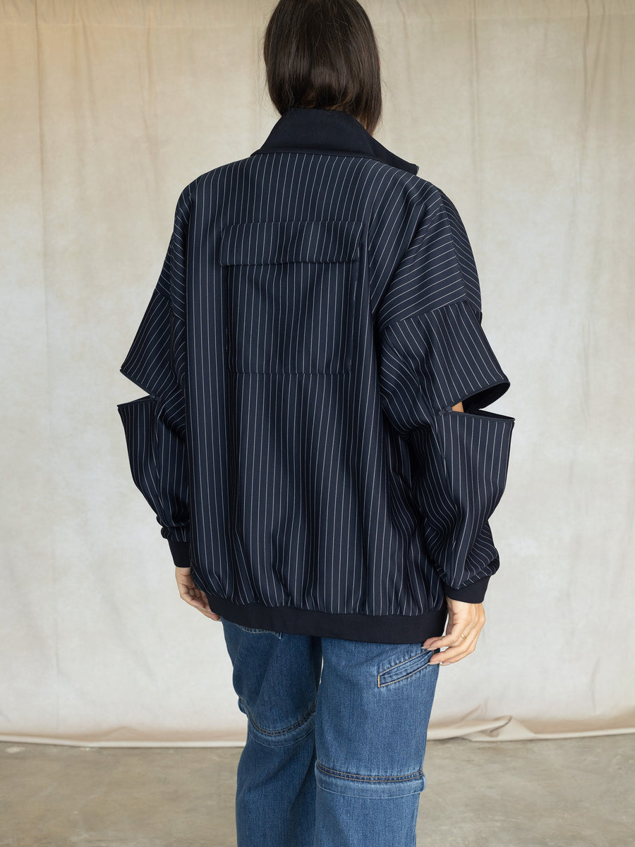 Pinstripe Active Knit Zipper Detailed Track Jacket - Navy