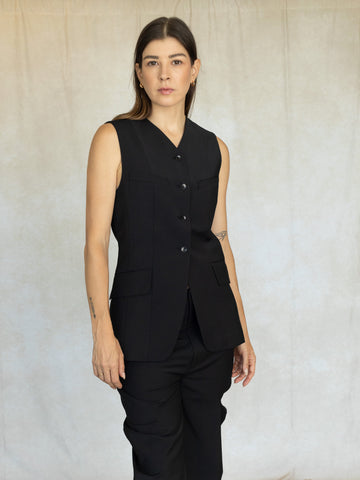 Recycled Tropical Wool Vest with Blousant Back - Black