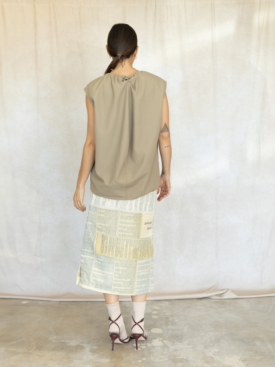 Lotte Nylon Shirred Neck Top - Khaki