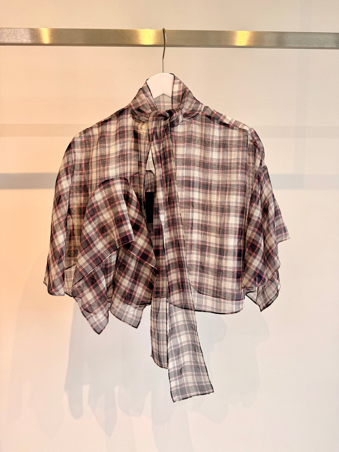 Silk Cotton Plaid Cape Tie Top - Black / Red multi