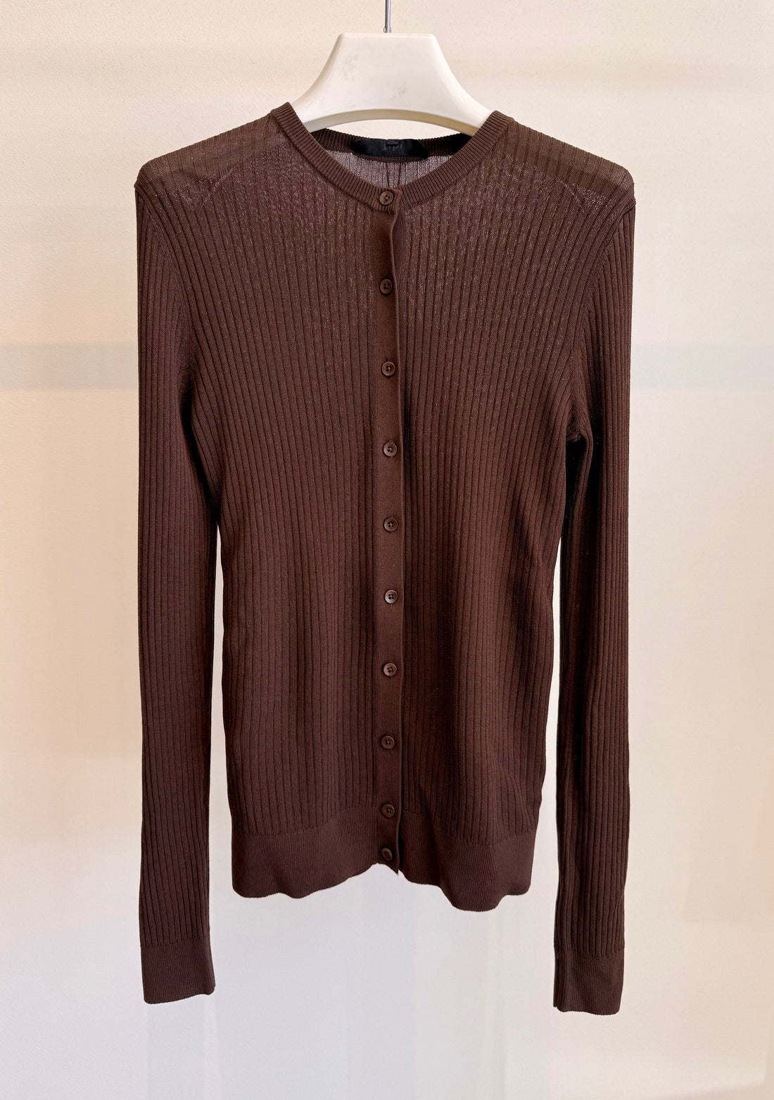 Ribbed Sweater Slim Cardigan - Brown
