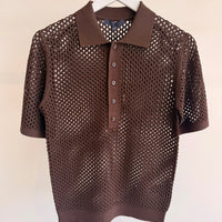 Crochet Netting Slim Polo - Brown