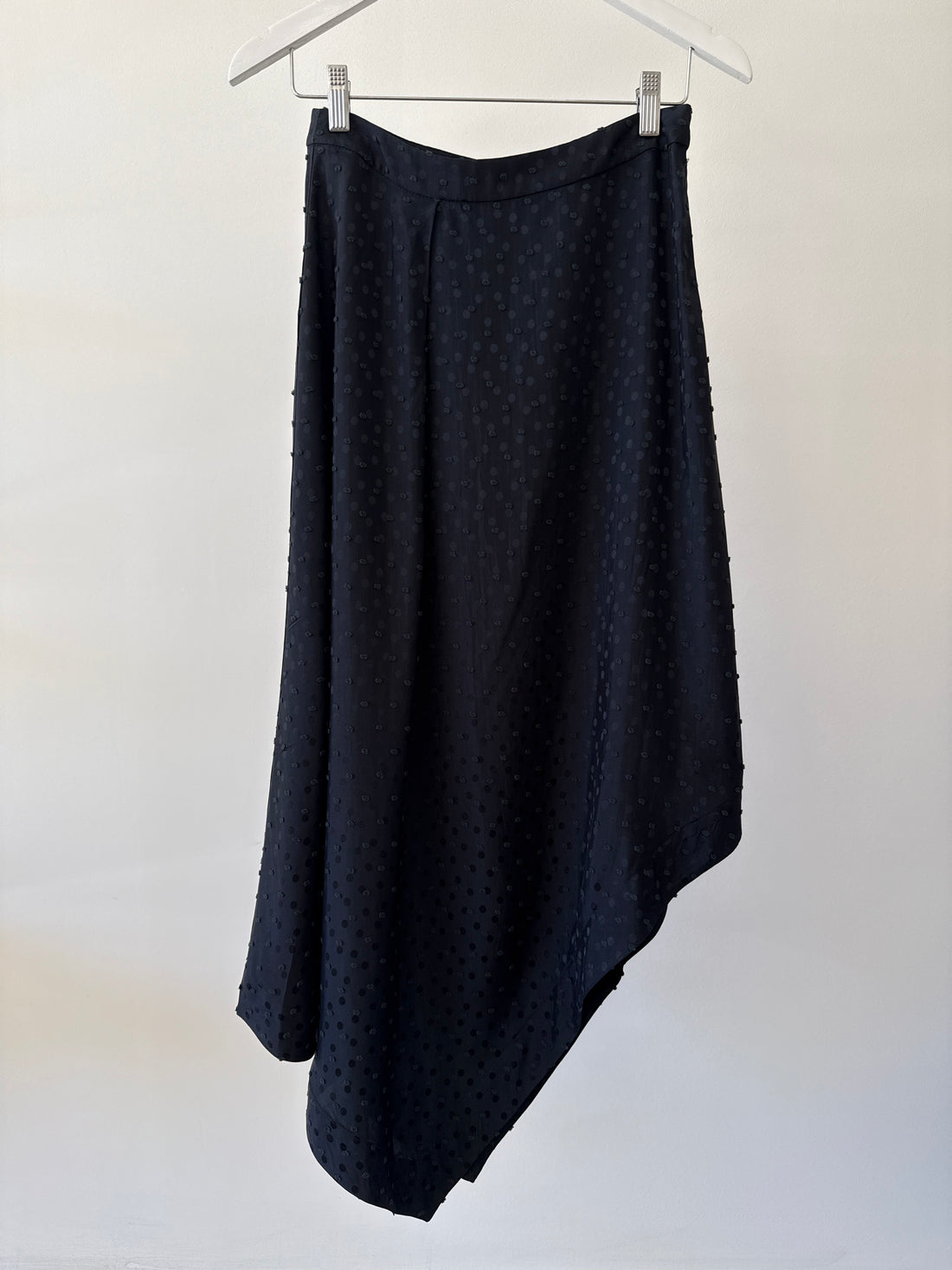 A-Line Asymmetric Skirt - Black Polka Dot Satin