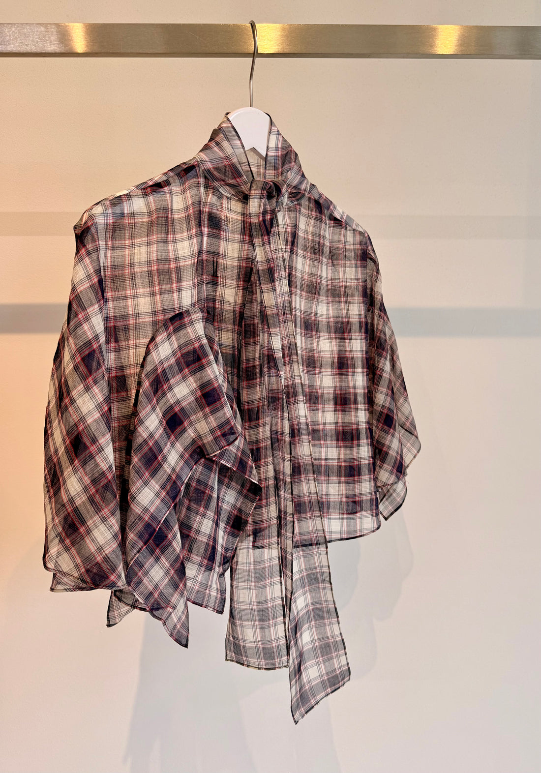 Silk Cotton Plaid Cape Tie Top - Black / Red multi