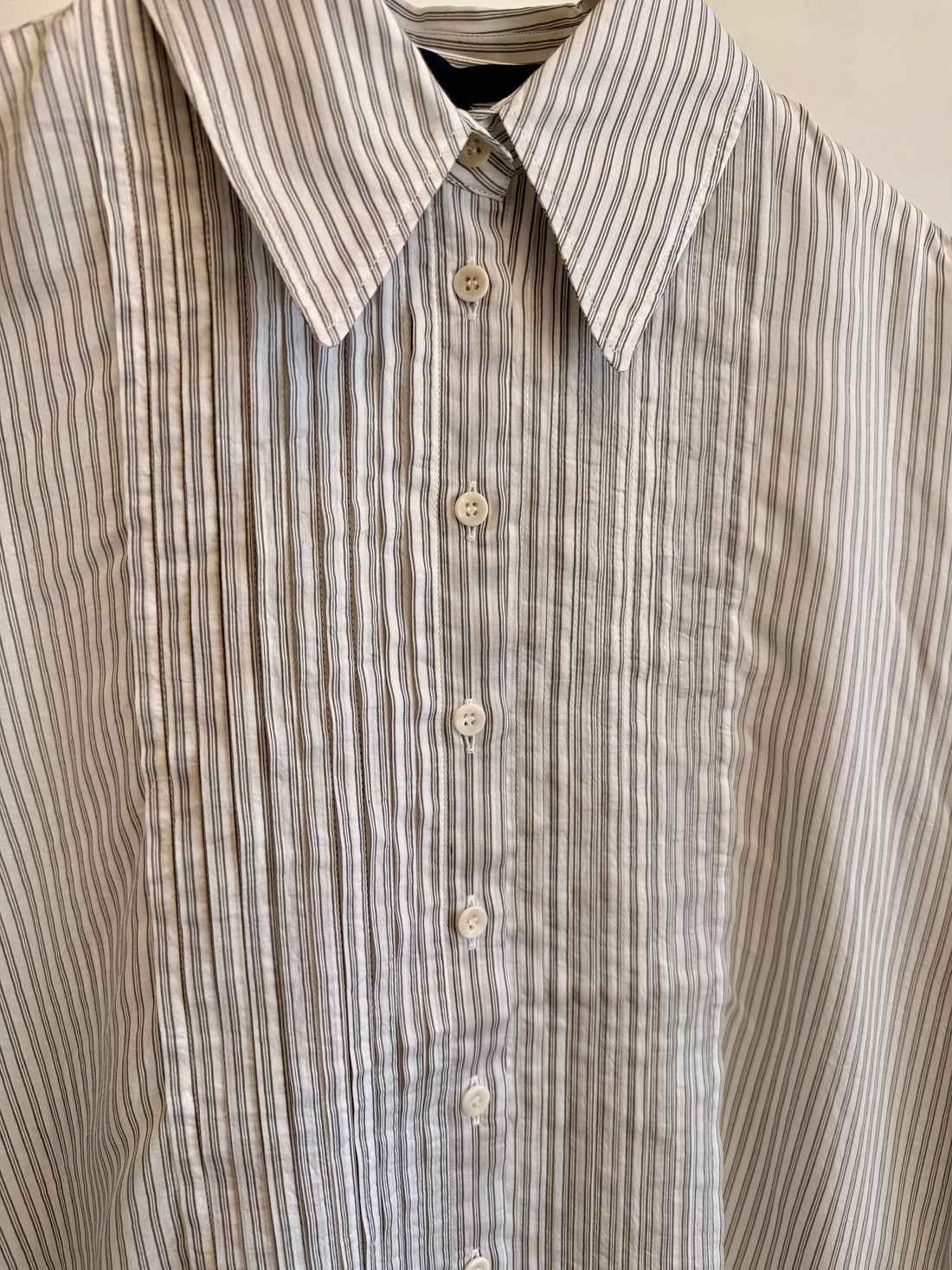 Ultra Light Silk Tencel Stripped Pintucked Top - White/Grey