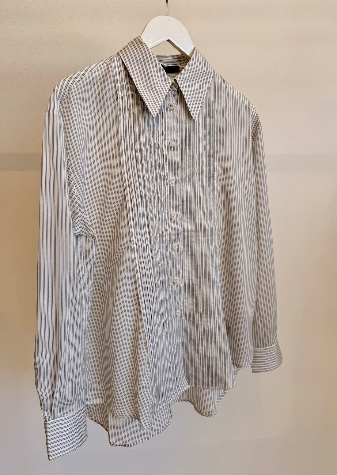 Ultra Light Silk Tencel Stripped Pintucked Top - White/Grey