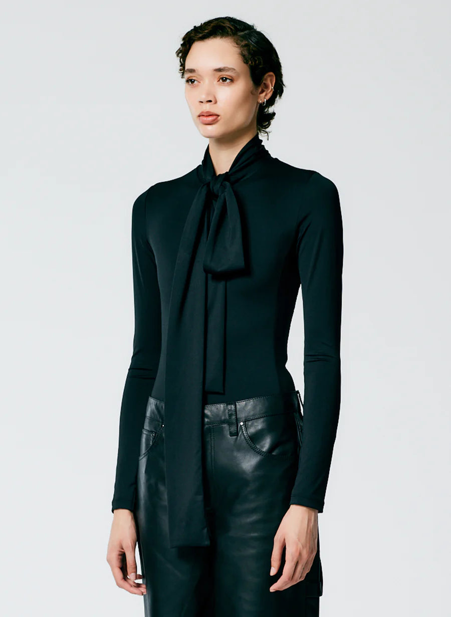 Tie Neck Stretch Bodysuit - Black