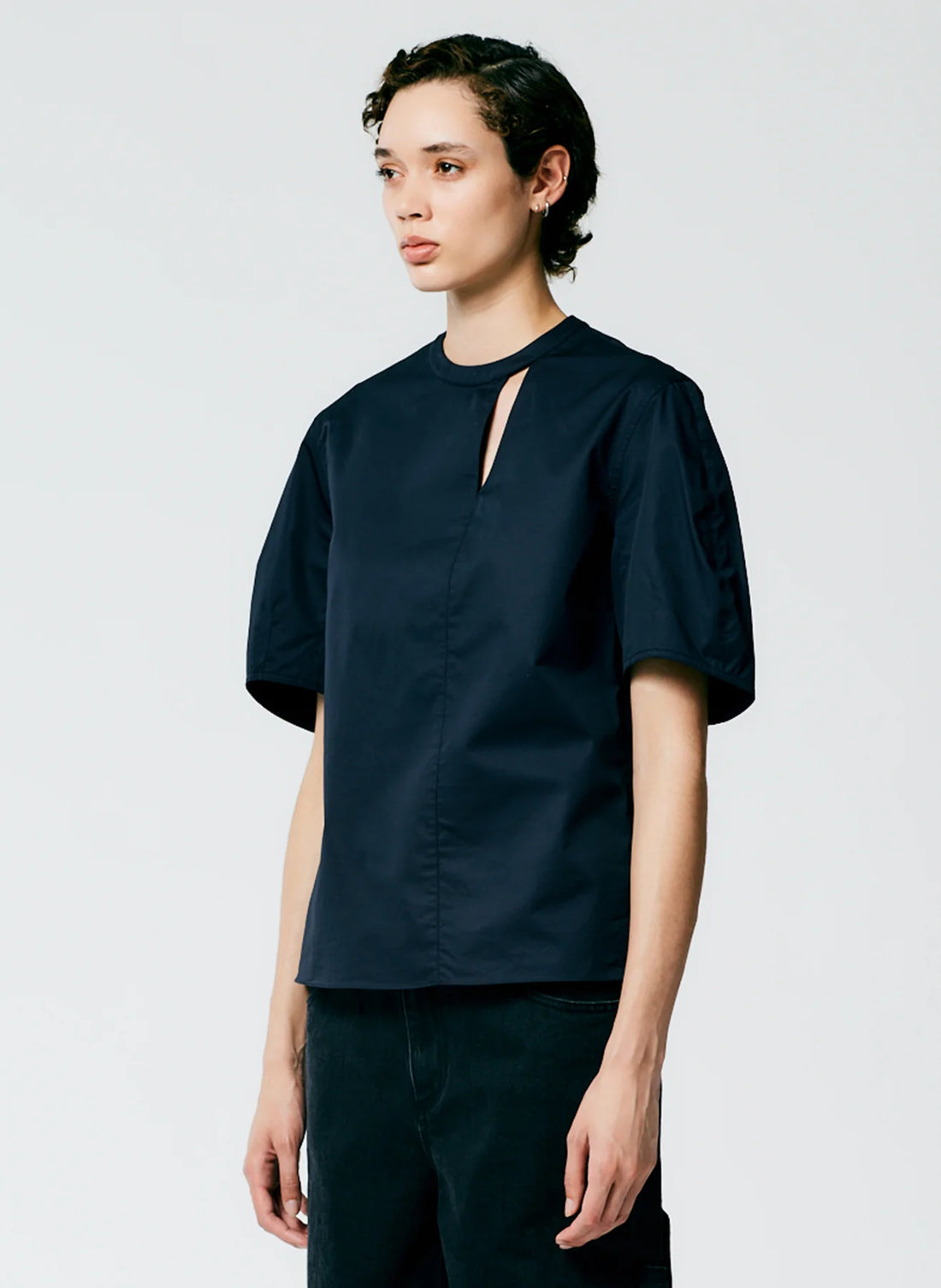 Eco Poplin Sculpted Sleeve Top with Cut Out - Navy