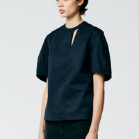 Eco Poplin Sculpted Sleeve Top with Cut Out - Navy