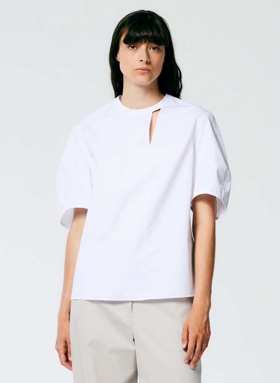 Eco Poplin Sculpted Sleeve Top with Cut Out - White