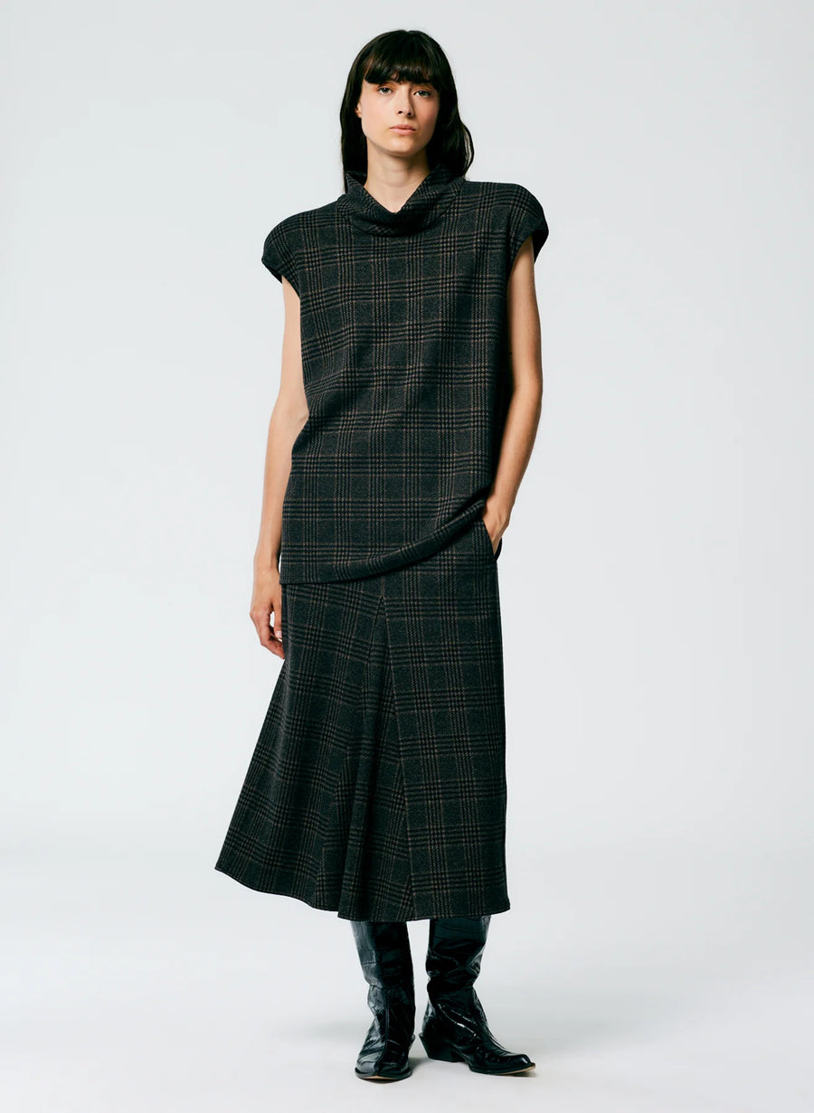 Lutz Knit Cowl Neck Sleeveless Top - Black Brown Plaid