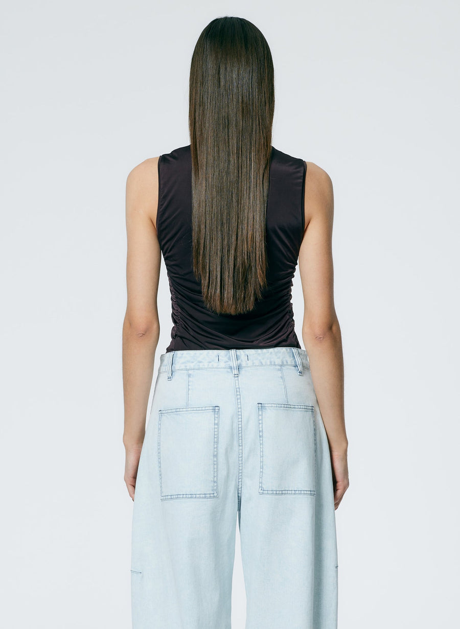 Micro Jersey Shirred Crewneck Top Dark Brown