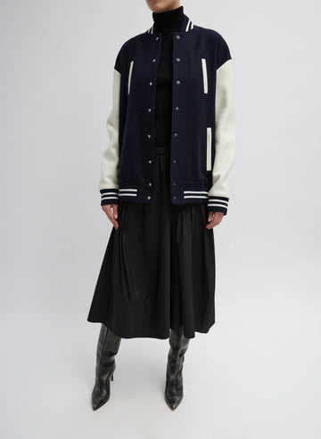 Felted Wool Cocoon Varsity Bomber - Navy