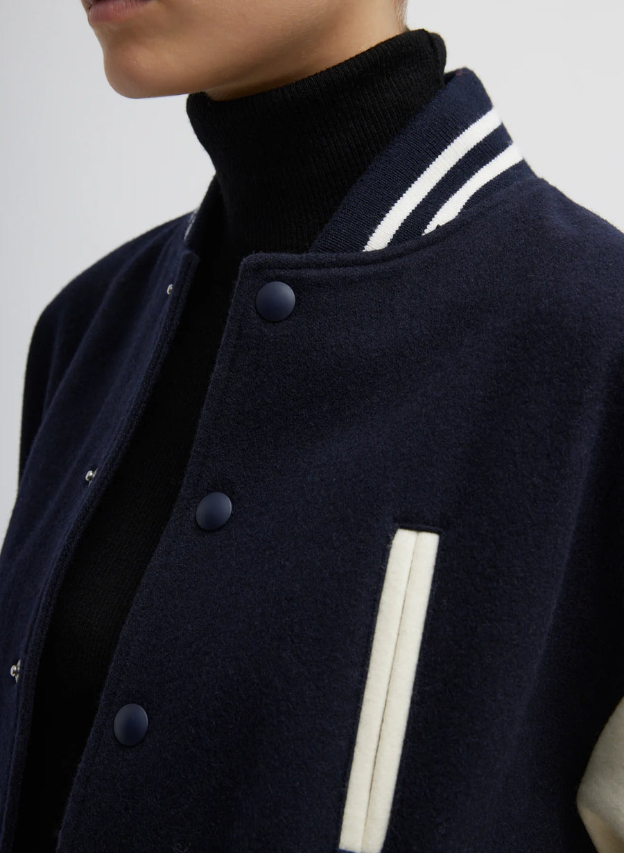 Felted Wool Cocoon Varsity Bomber - Navy