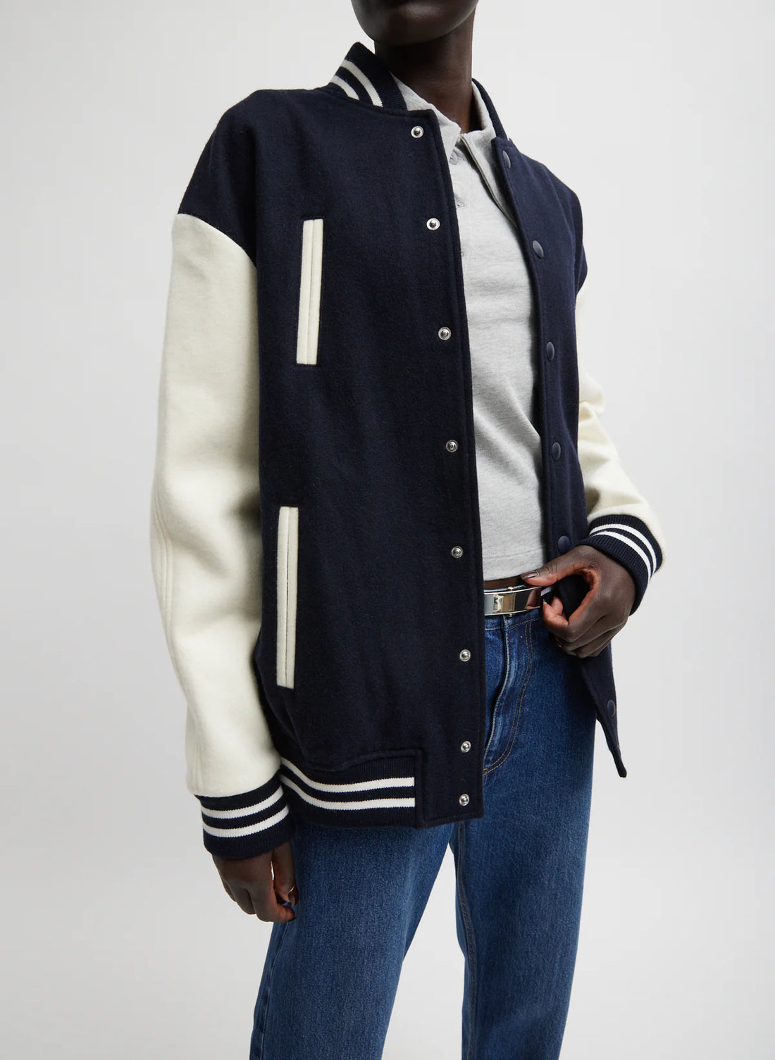 Felted Wool Cocoon Varsity Bomber - Navy