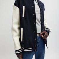 Felted Wool Cocoon Varsity Bomber - Navy