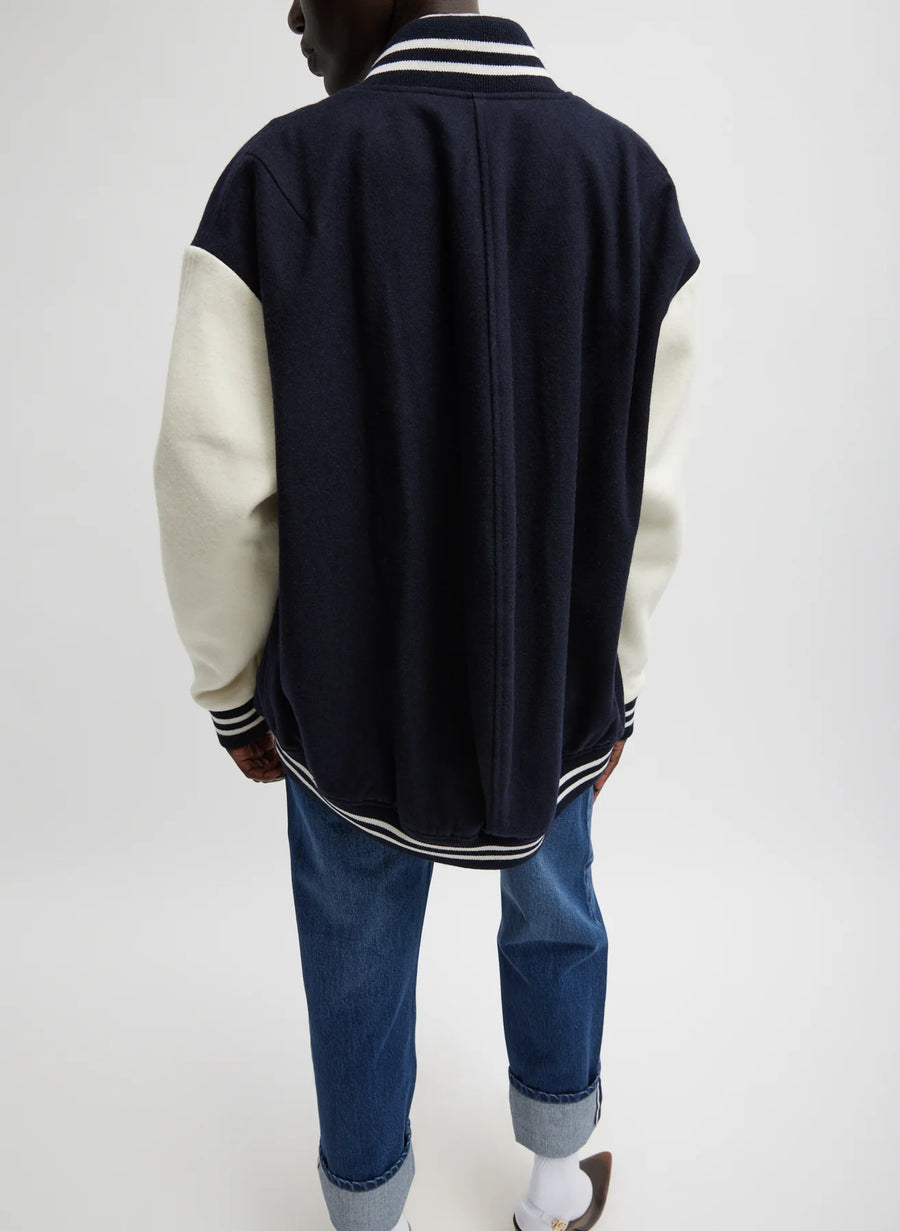 Felted Wool Cocoon Varsity Bomber - Navy