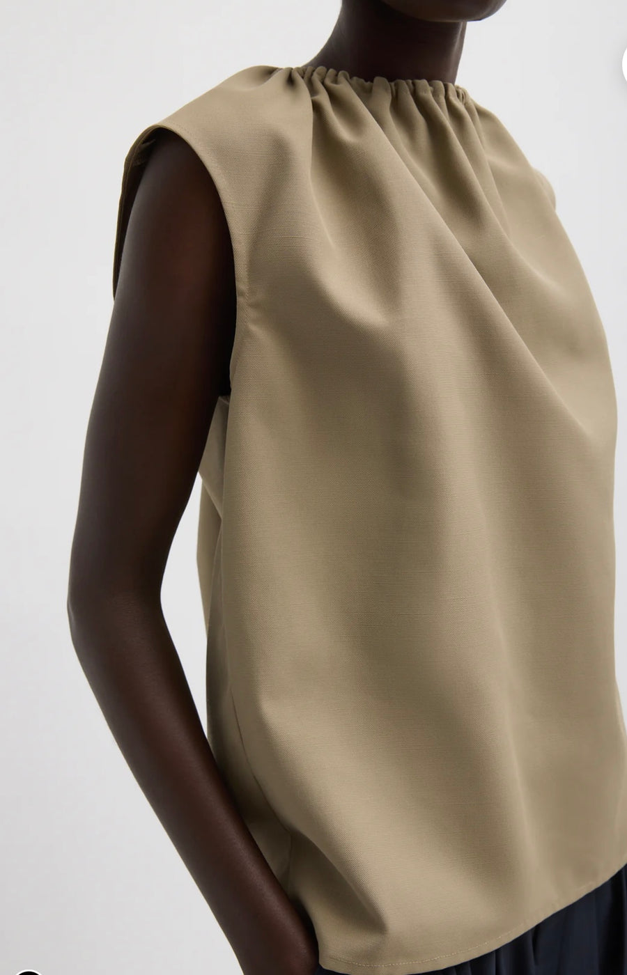 Lotte Nylon Shirred Neck Top - Khaki