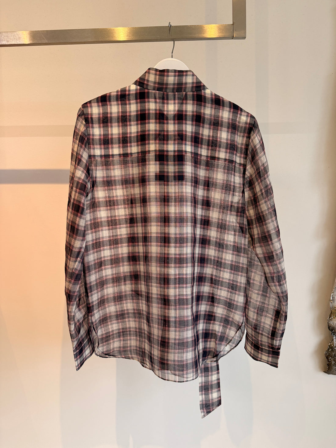Silk Cotton Plaid Blouse with Removable Tie Top