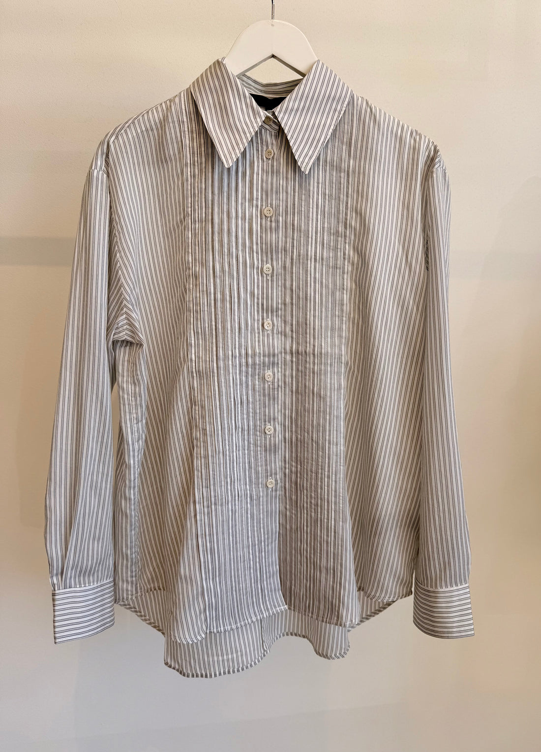 Ultra Light Silk Tencel Stripped Pintucked Top - White/Grey