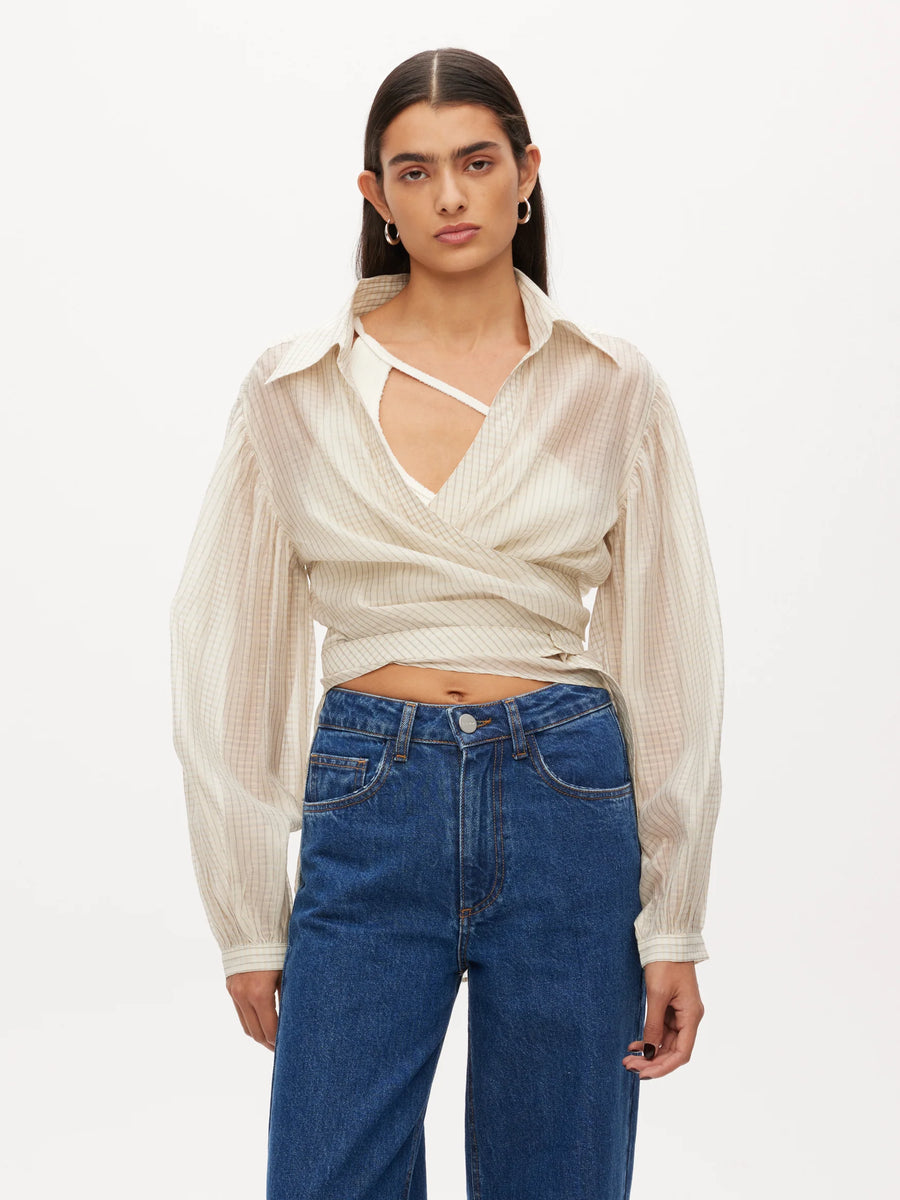 Wrap Shirt with Rib Bra - Navy/White