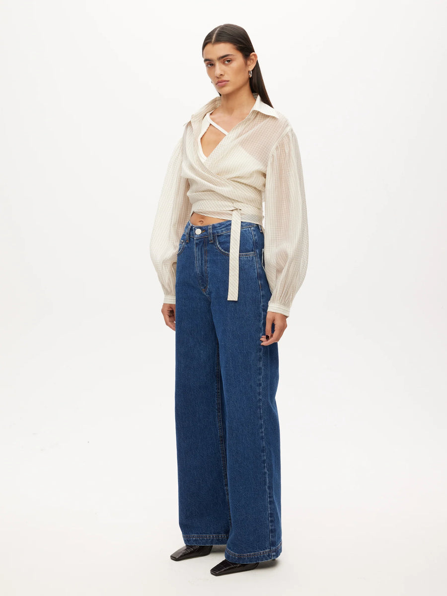Wrap Shirt with Rib Bra - Navy/White