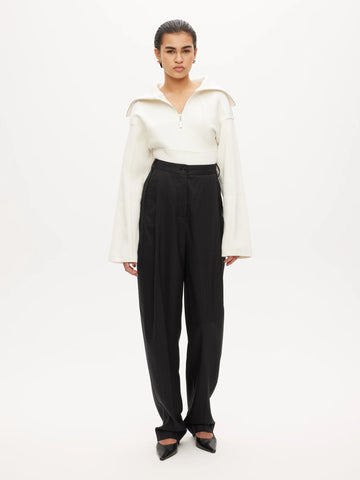 Rib Patchwork Big Collar Top - Off White
