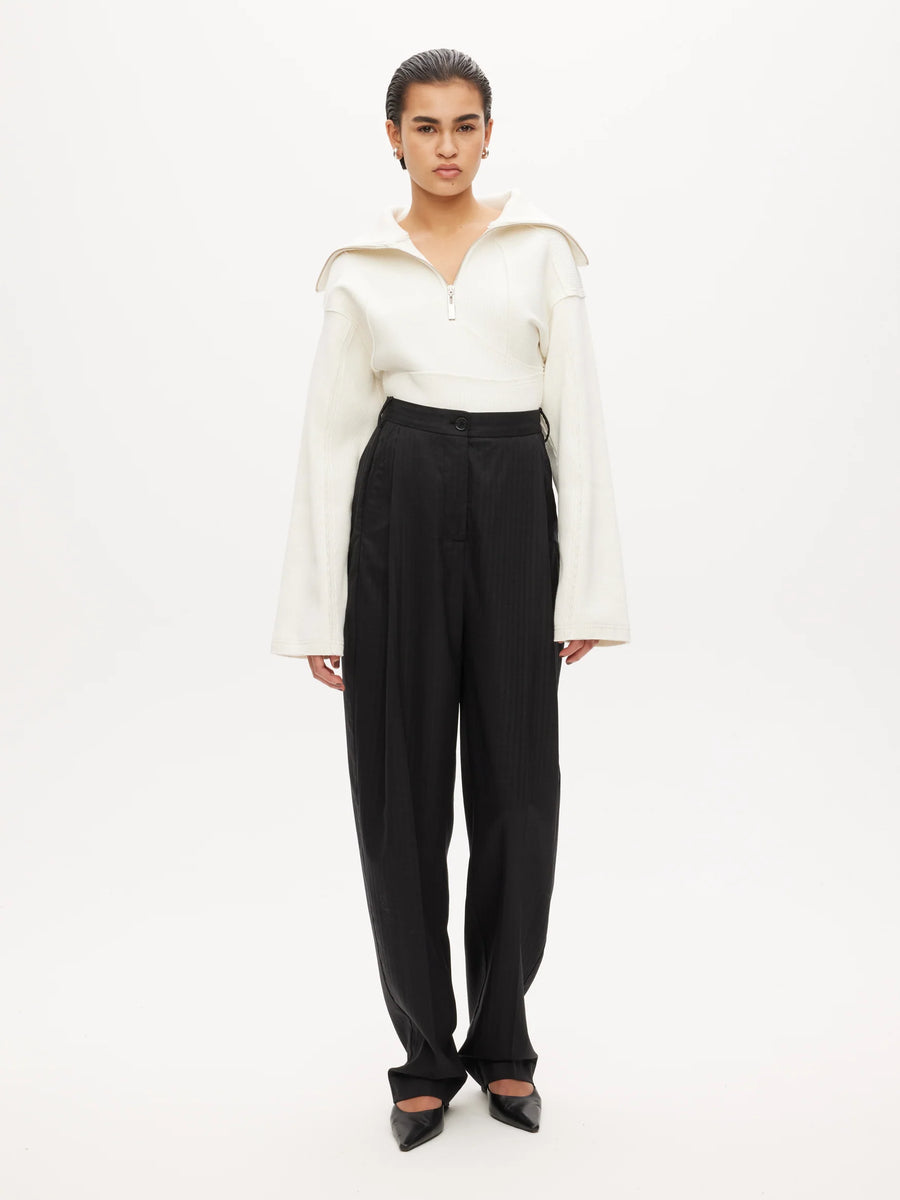 Rib Patchwork Big Collar Top - Off White