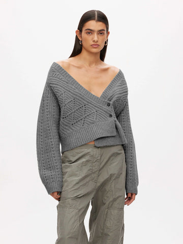 Knitted Cable Patchwork Cardigan - Grey Melange
