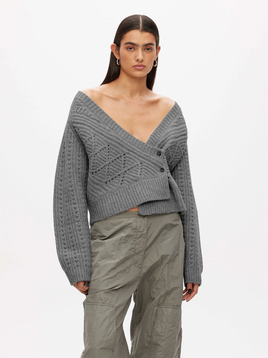 Knitted Cable Patchwork Cardigan - Grey Melange