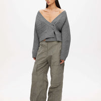 Knitted Cable Patchwork Cardigan - Grey Melange