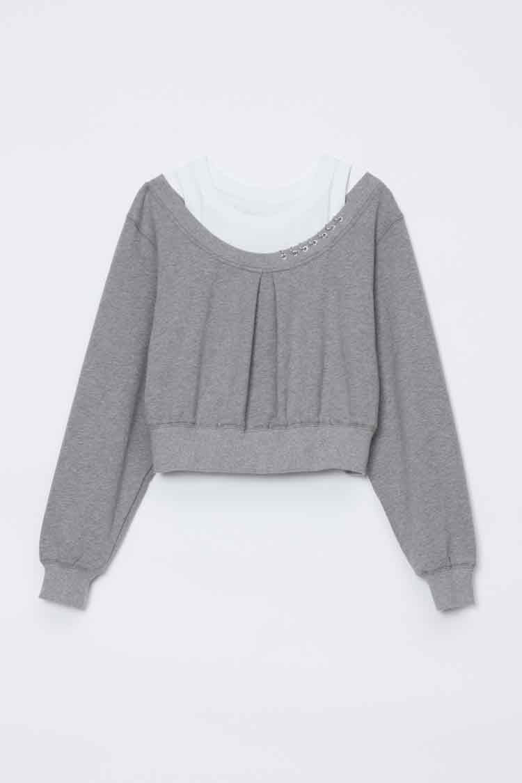 L/S Embellished Double Layer Top - Lt Grey