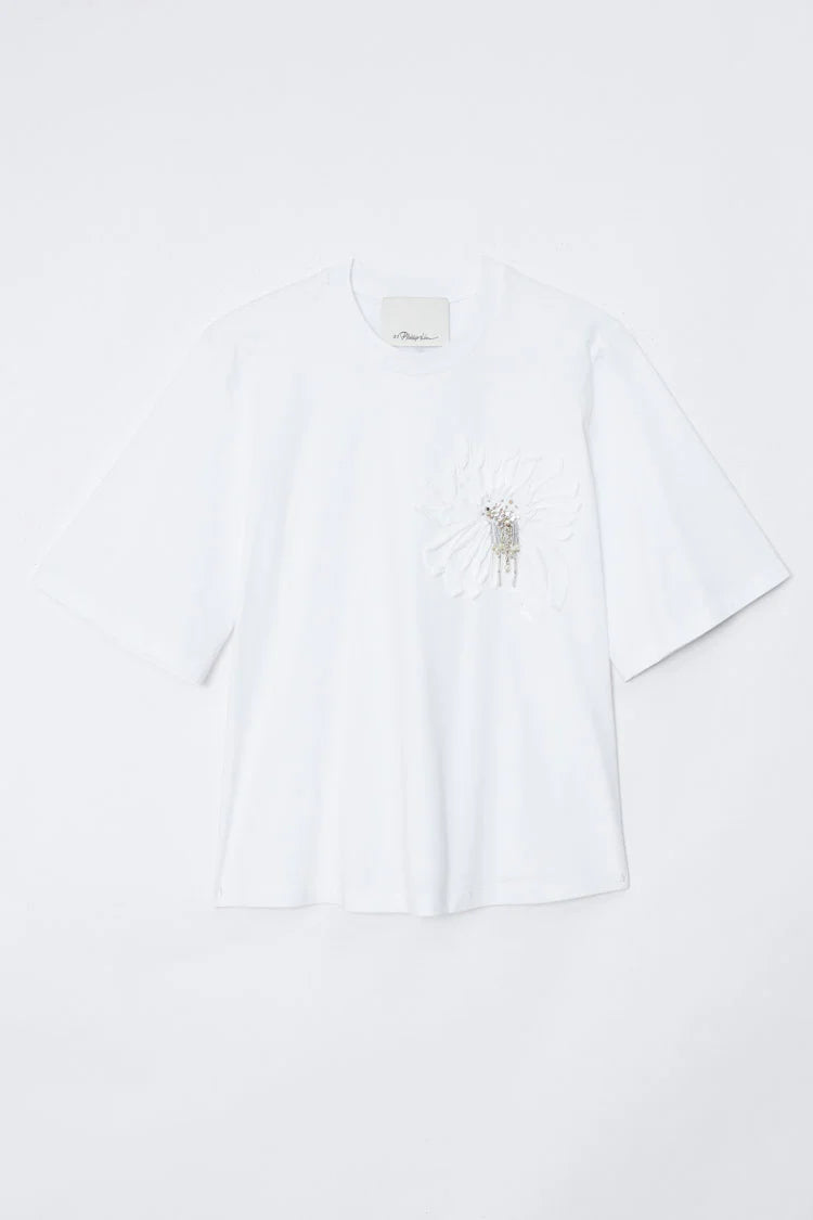 Trapeze T-Shirt with Floral Applique - White