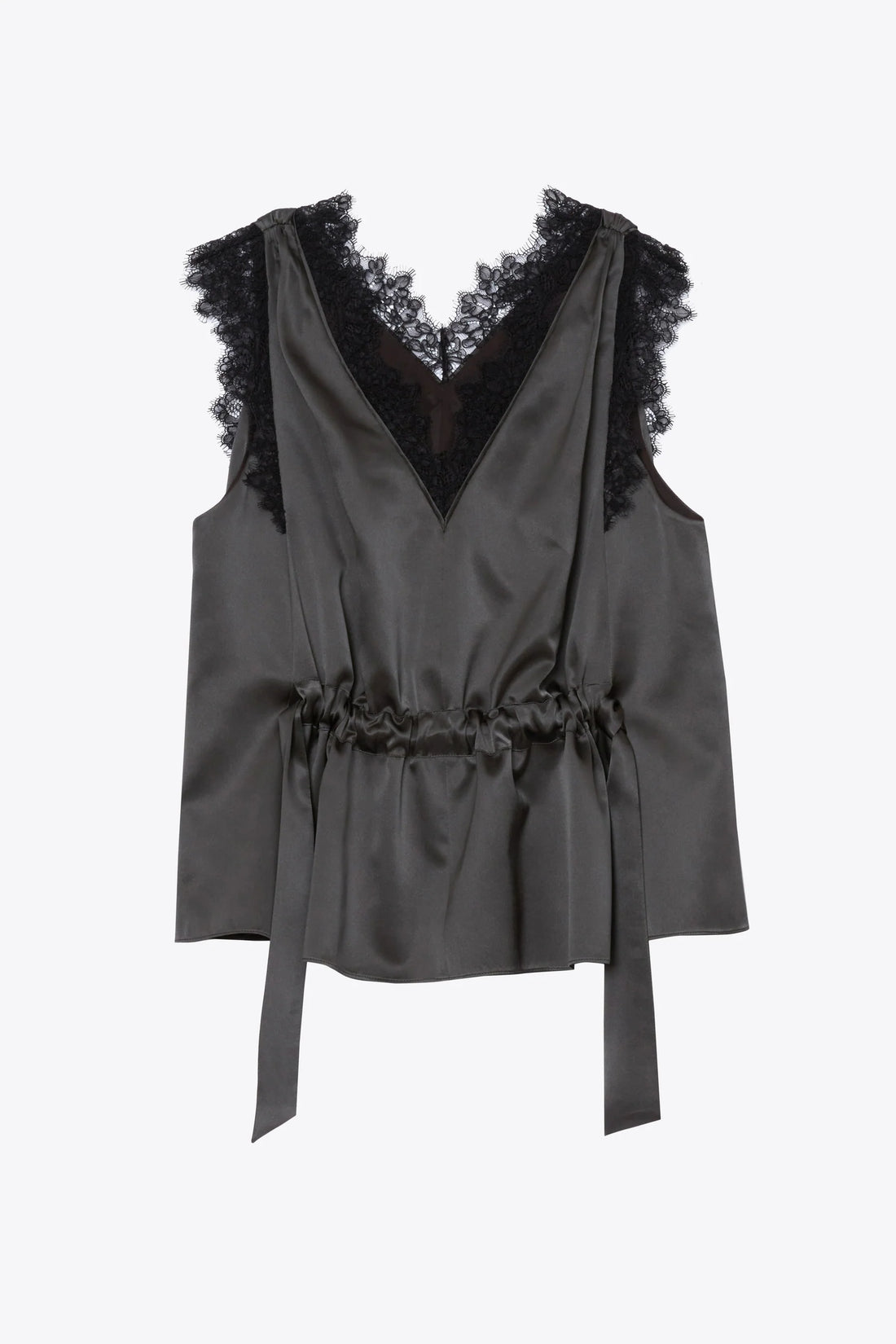 SLVLS Satin V-Neck Top with Lace Trim - Slate